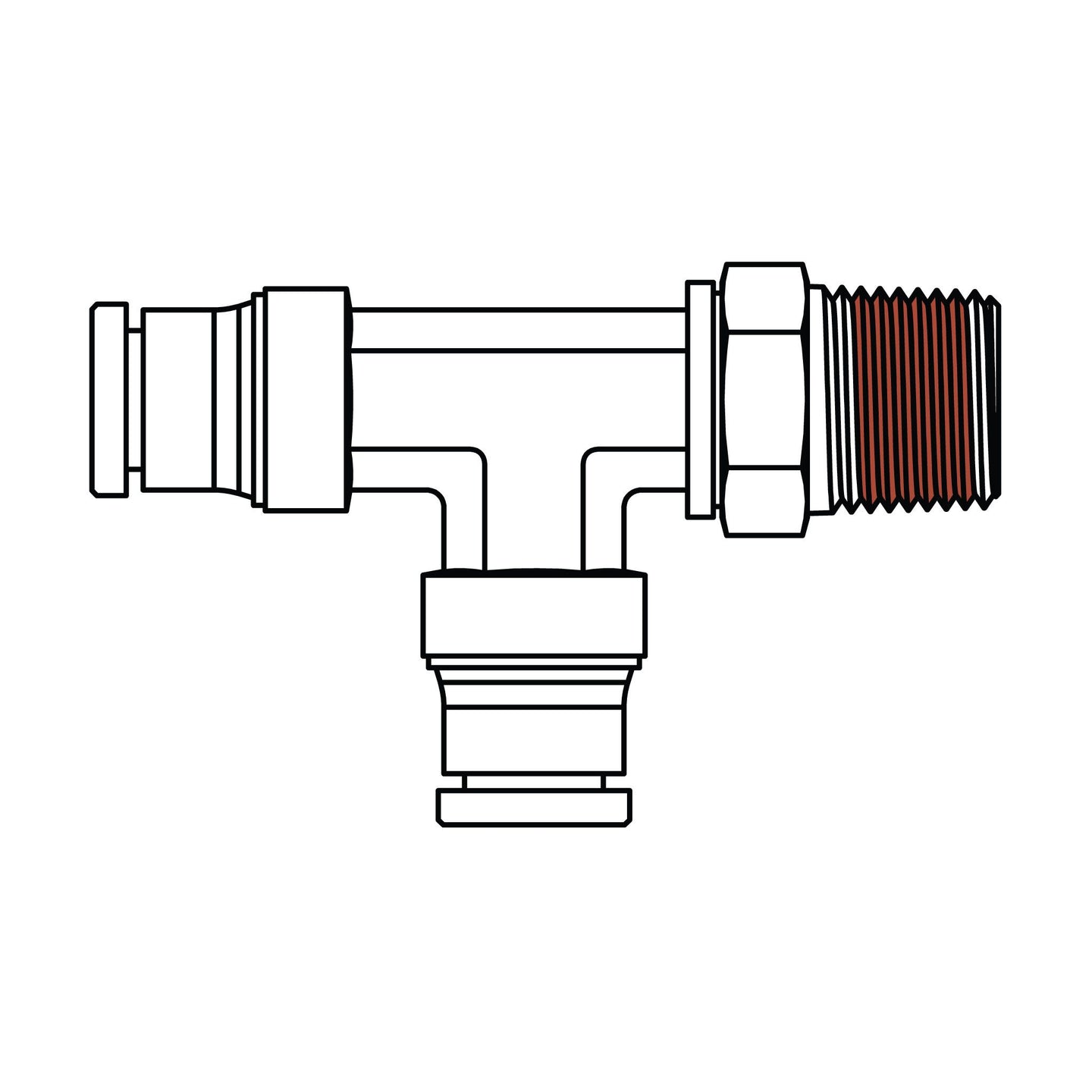 1571-06-06-06 Tube to Pipe Swivel Run Tee, Brass DOT Push-In Fitting