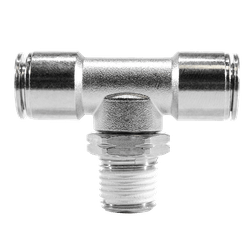 20108NIC Swivel Branch Tee with Nickel Collet, 3/8 - in Push - to - Connect x 3/8 - in Push - to - Connect x 3/8 - in Male NPTF Swivel, Brass, Nickel - Plated - GetHydraulics.com