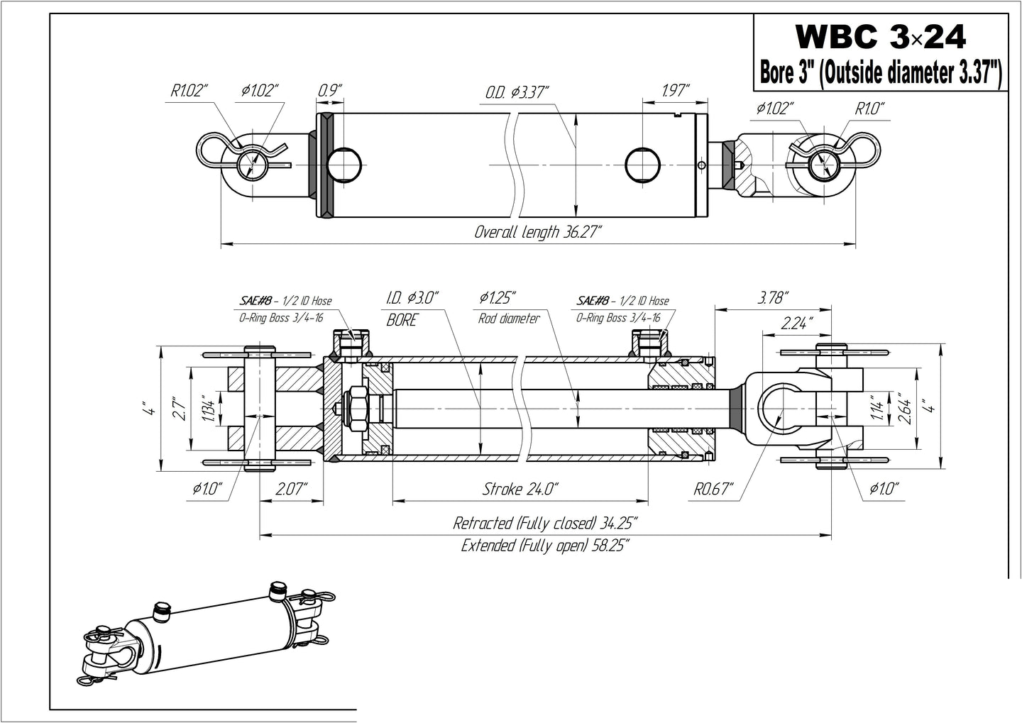 3" BORE AG Clevis Hydraulic Cylinders - GetHydraulics