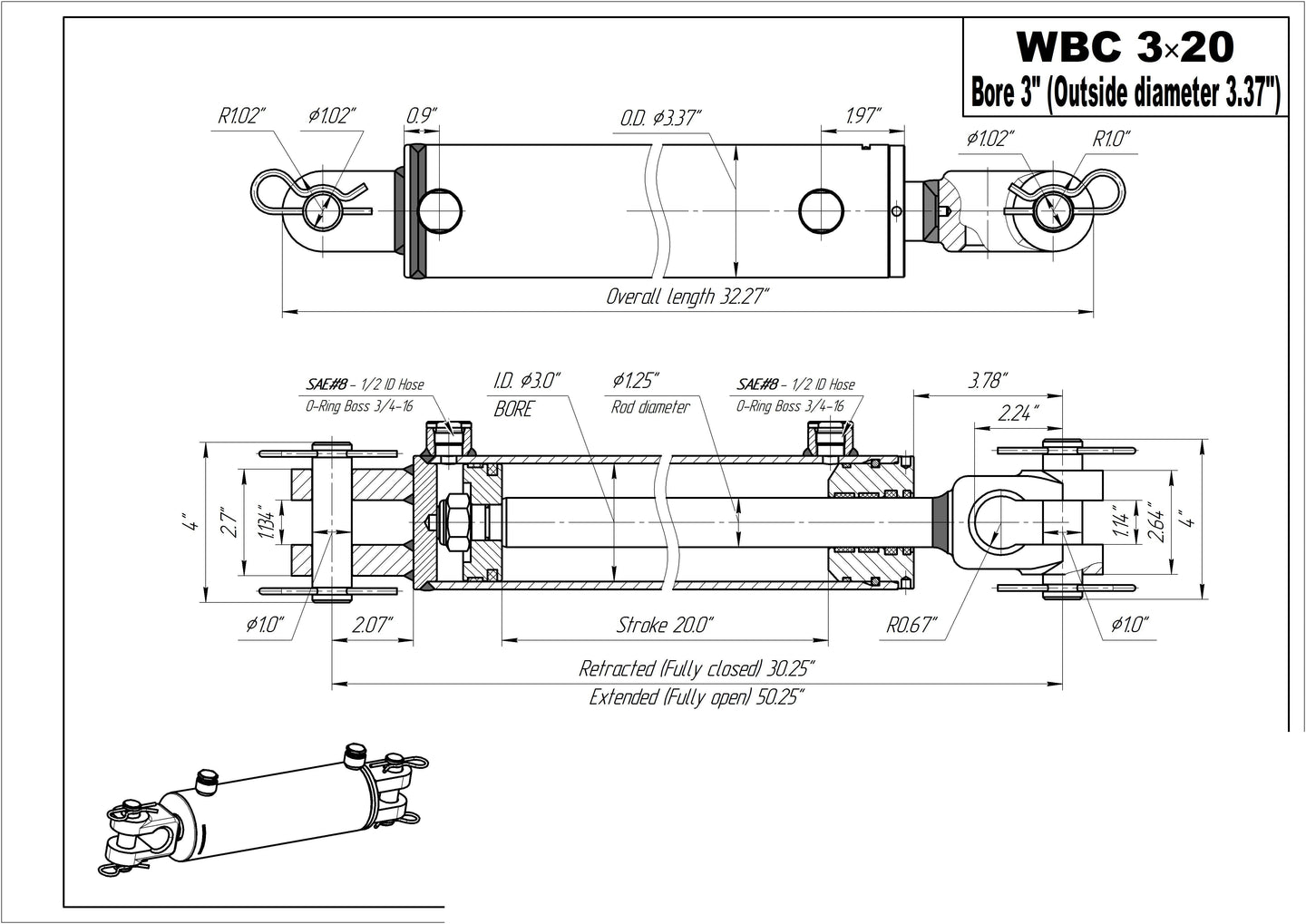 3" BORE AG Clevis Hydraulic Cylinders - GetHydraulics