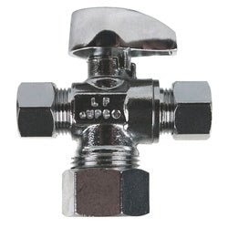 746439MH 3 - Way Supply Stop, 5/8 x 3/8 x 1/4 - in Compression, Brass Body, Chrome - Plated - GetHydraulics.com