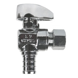746438MH 90-deg Angle Supply Stop, 1/2-in PEX x 3/8-in Compression, Brass Body, Chrome-Plated