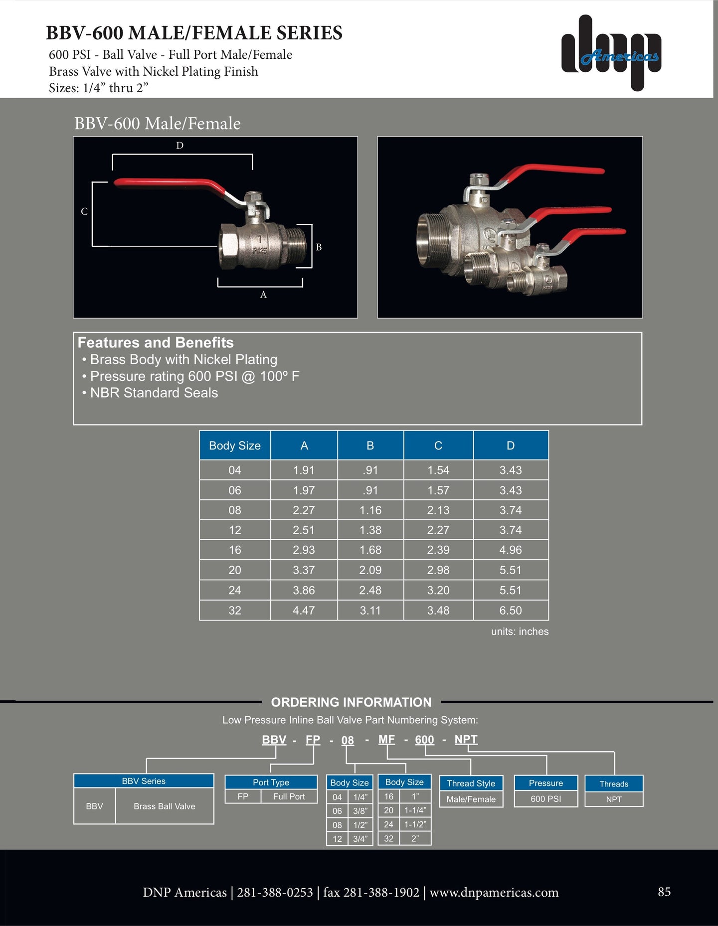 BBV - FP - 64 - 600 - NPT DNP Americas Brass Ball Valve - GetHydraulics.com