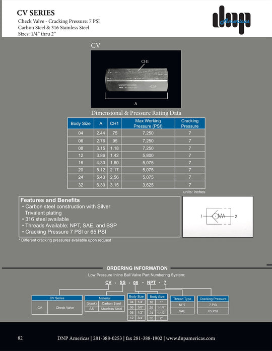 CV - SS - 12 - 7 - NPT DNP Americas Check Valve - GetHydraulics.com