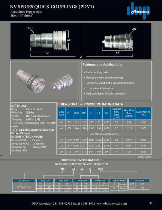 NV - 20 - 20C - BSP DNP Americas Hydraulic Quick Disconnect Coupler - GetHydraulics.com