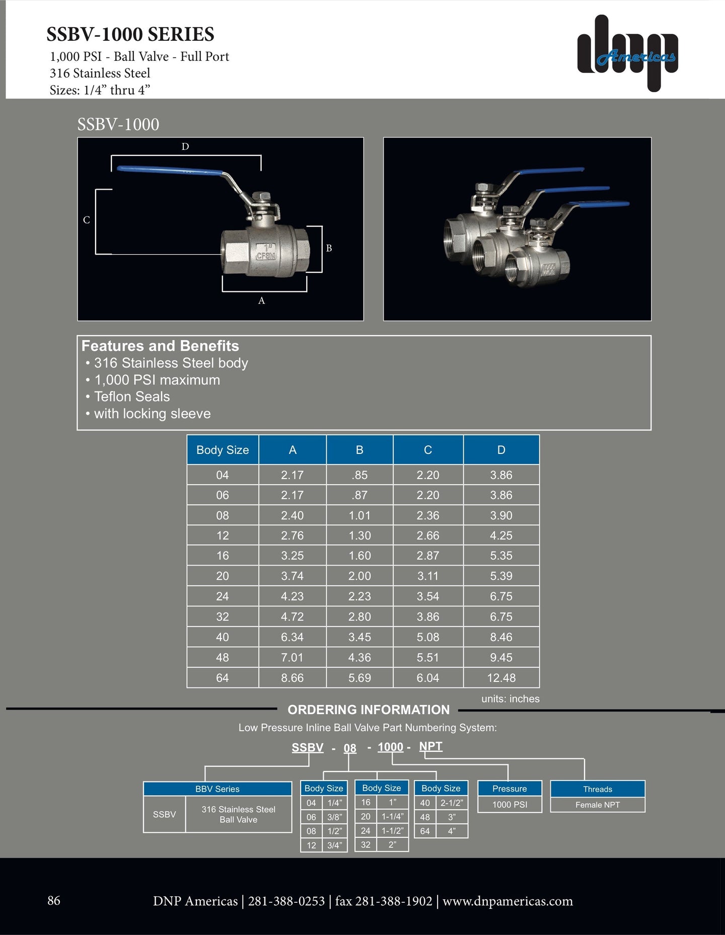 SSBV - 64 - 1000 - NPT DNP Americas Stainless Low Pressure Ball Valve - GetHydraulics.com