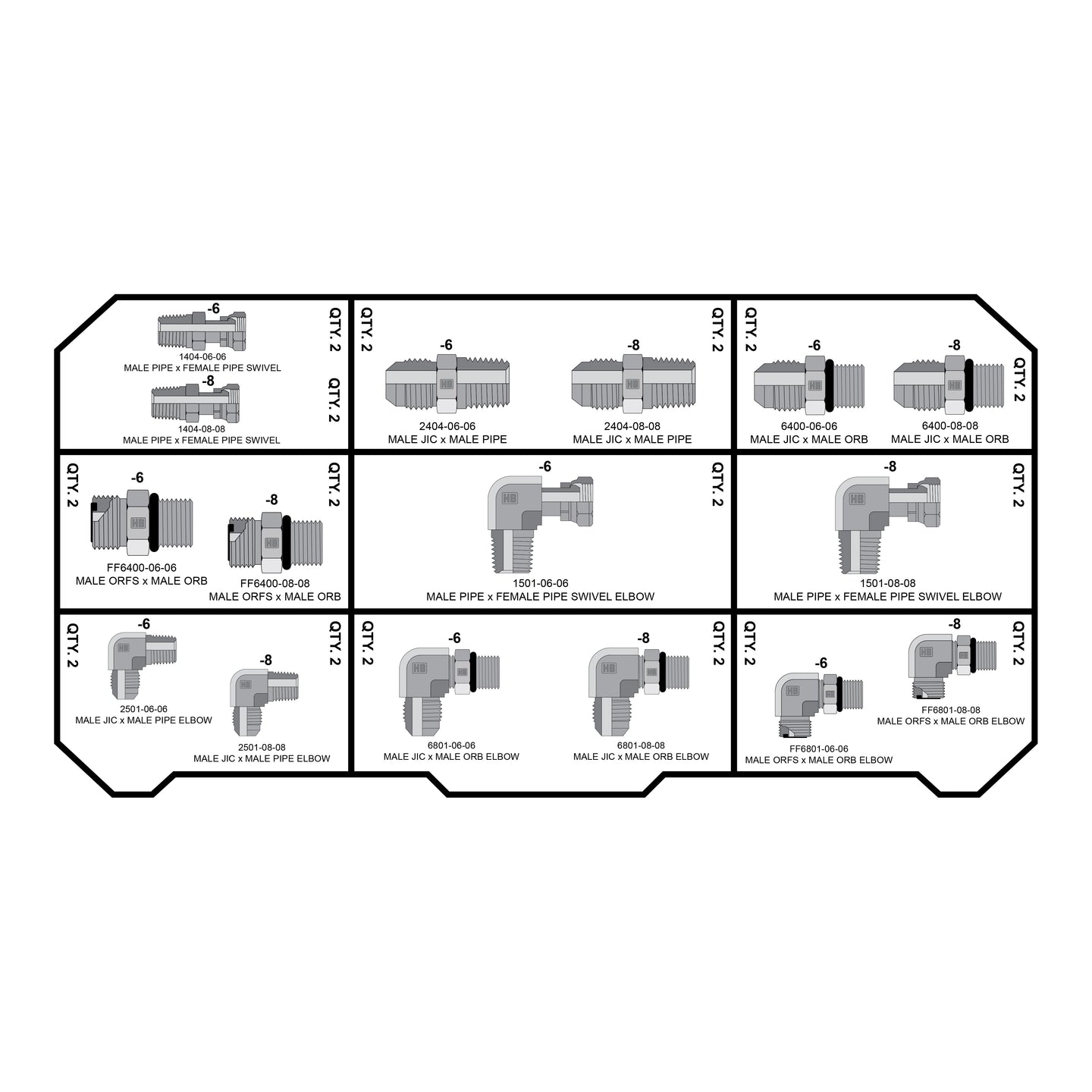 VARIETY FITTINGS PACK (MOST COMMON JIC, FACE SEAL AND NPT PORT FITTINGS) - GetHydraulics