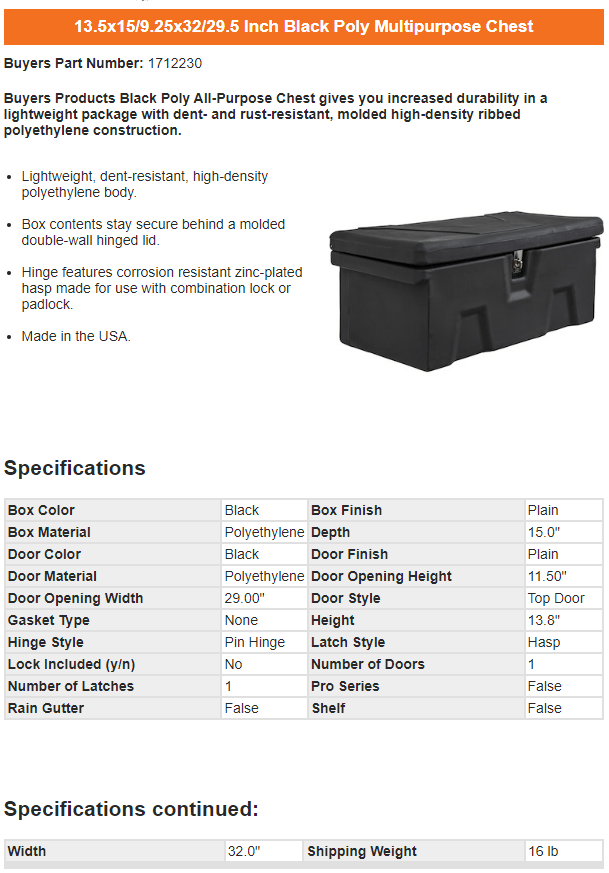 1712230 - 13.5X15/9.25X32/29.5 INCH BLACK POLY MULTIPURPOSE CHEST - GetHydraulics