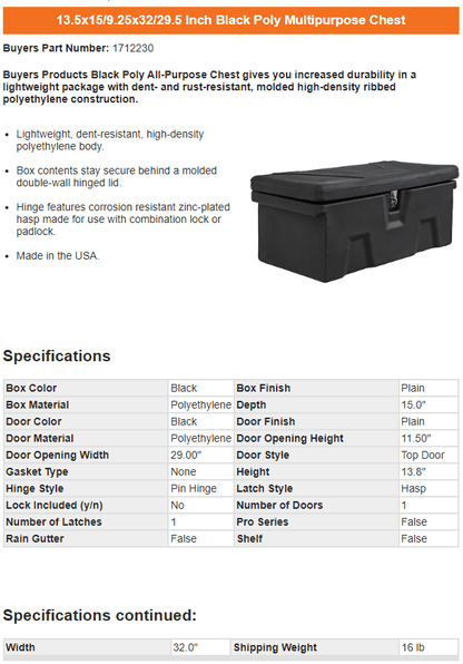 1712230 - 13.5X15/9.25X32/29.5 INCH BLACK POLY MULTIPURPOSE CHEST - GetHydraulics